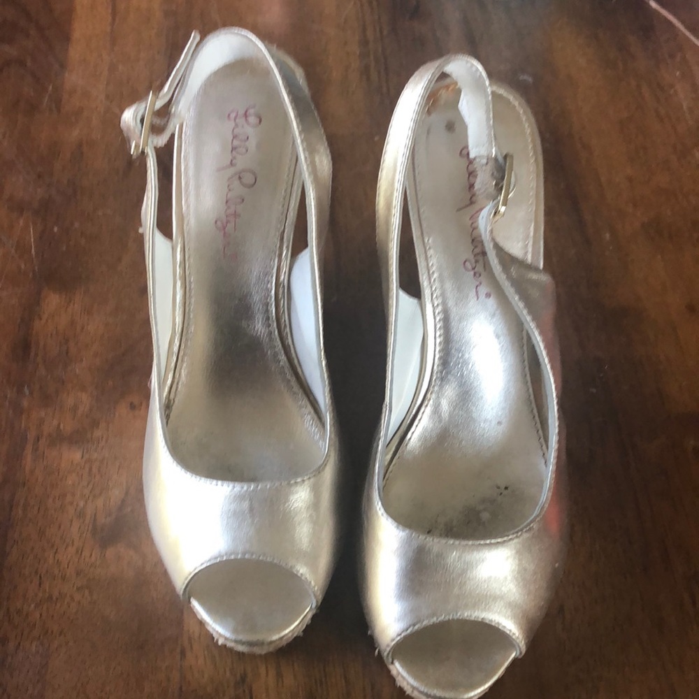 Lilly Pulitzer gold platform peep toe shoes, Good used